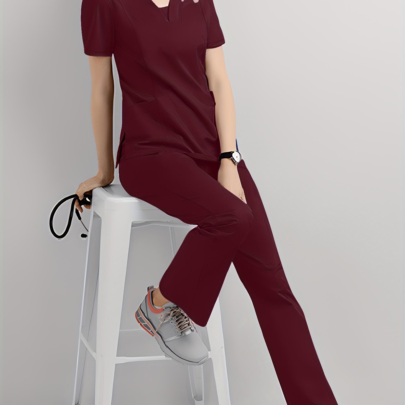 Women's Scrub Set V-Neck Top and Drawstring Pants Breathable Polyester Spandex Medical Uniform