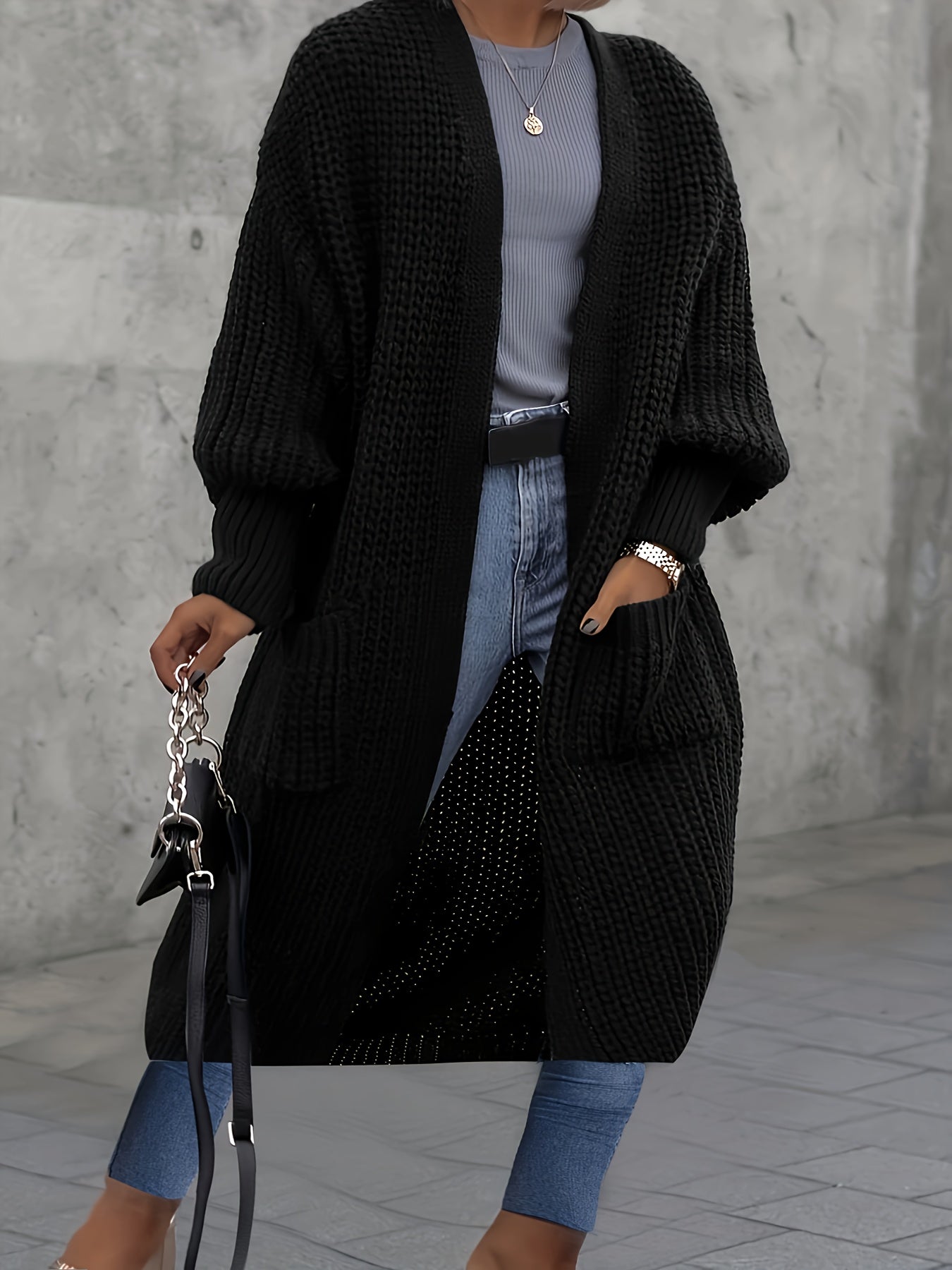 Plus Size Women's Open Front Cardigan Long Sleeve Pockets Fall Winter Fashion