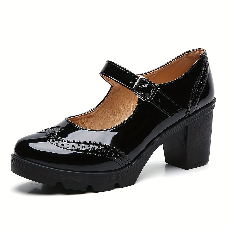 Women's Chunky Heel Brogue Pumps All-Match Classic Buckle Strap Office Shoes