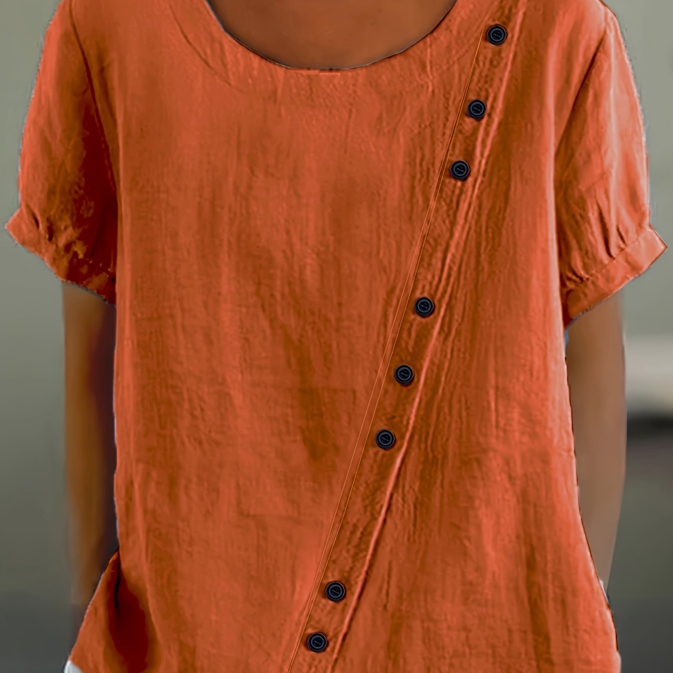 Plus Size Women's Casual Shirt Loose Fit Orange Button-Up Short Sleeve Blouse