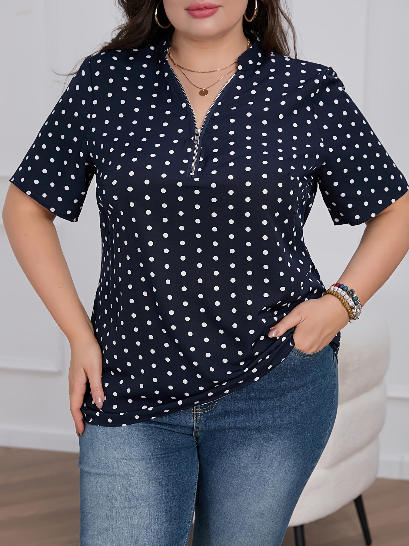 Women's Plus Size Polka Dot V-Neck Short Sleeve Zip Casual Summer Shirt