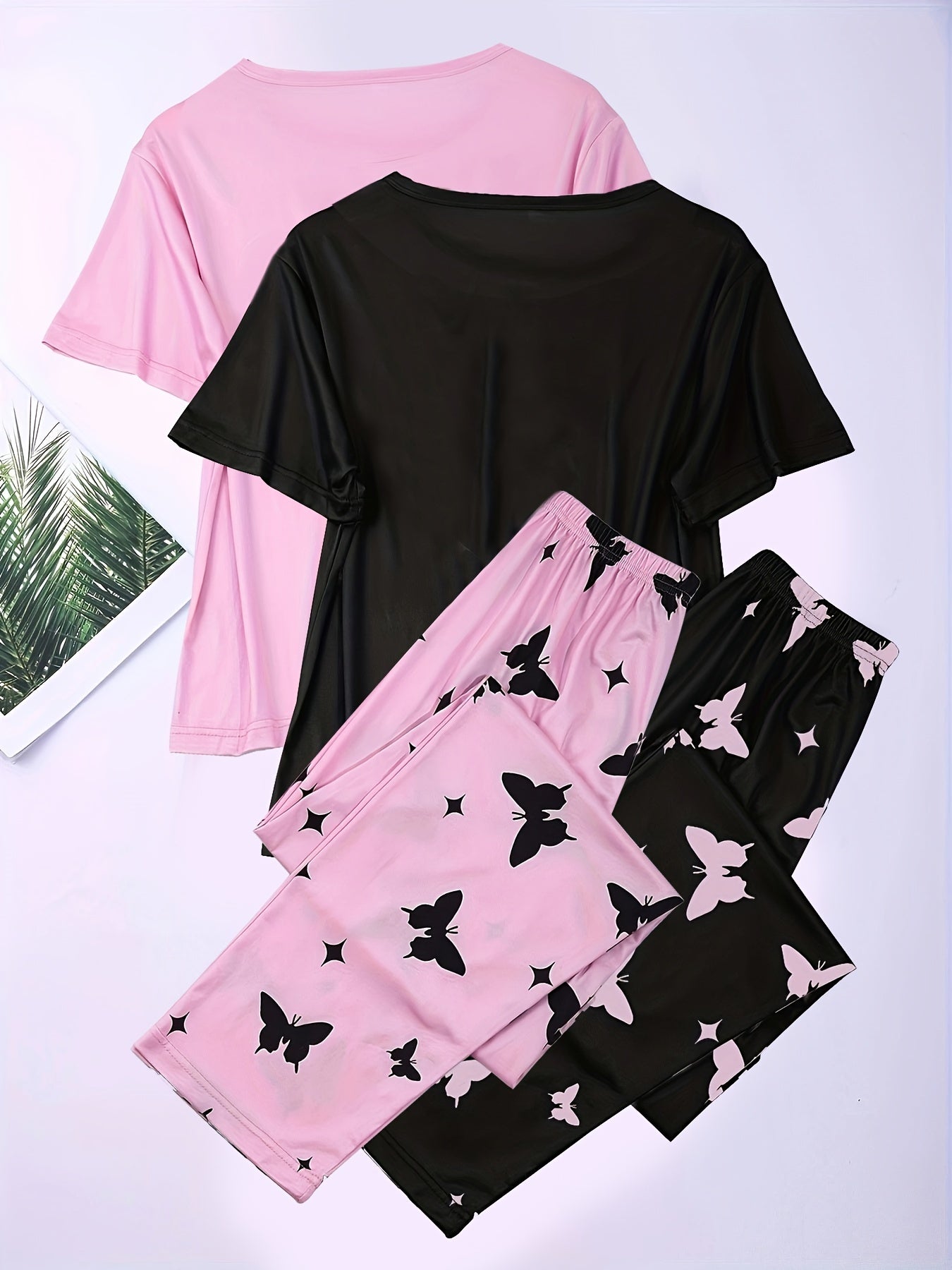 Kattalarlar uchun polyester pijama to'plami, yurak va kapalak naqshli, qisqa qo'l, krujka bo'yinli va shortlar bilan, bahor, yoz, kuz uchun