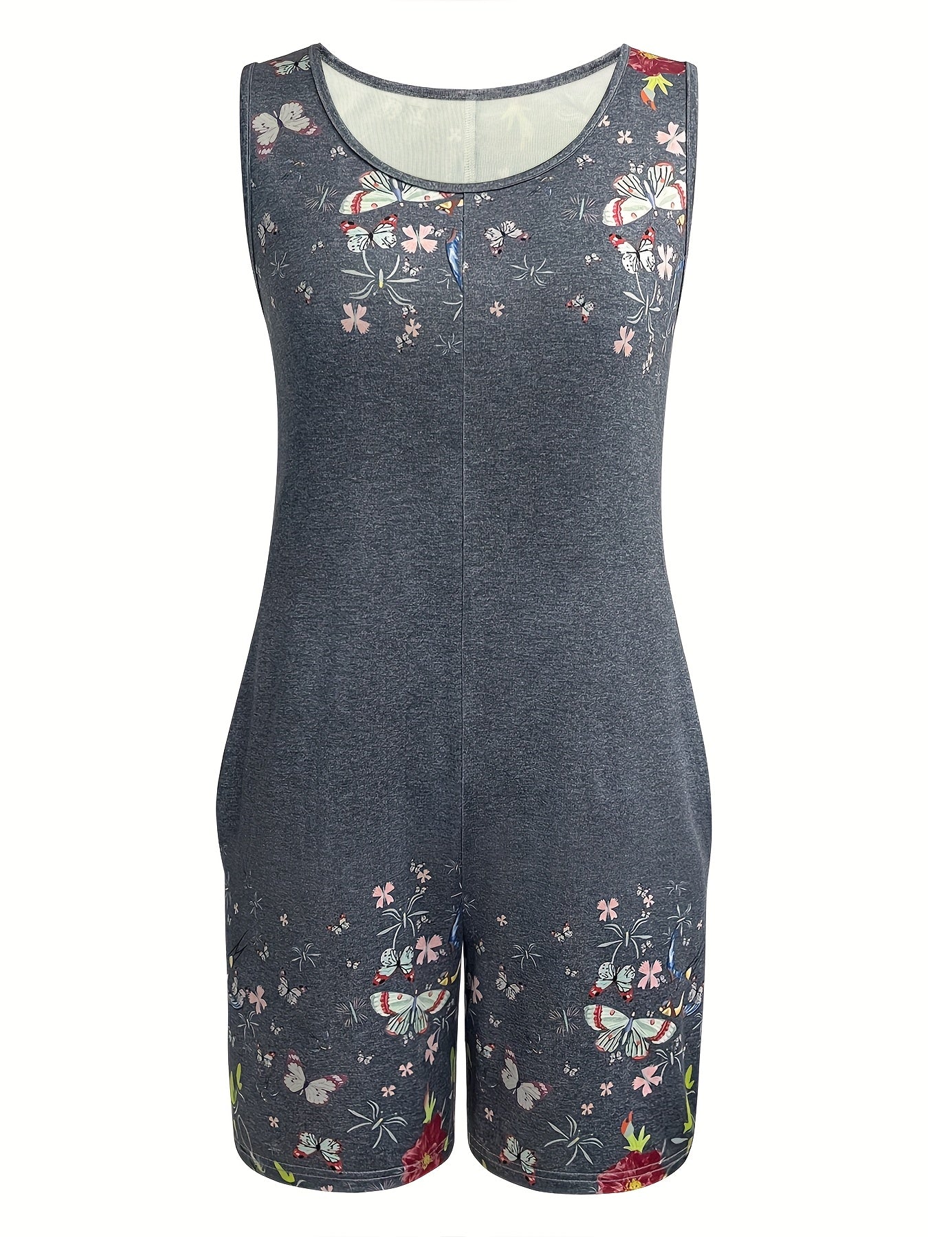 Women's Plus Size Butterfly Floral Print Sleeveless Jumpsuit Summer Dress with Pockets