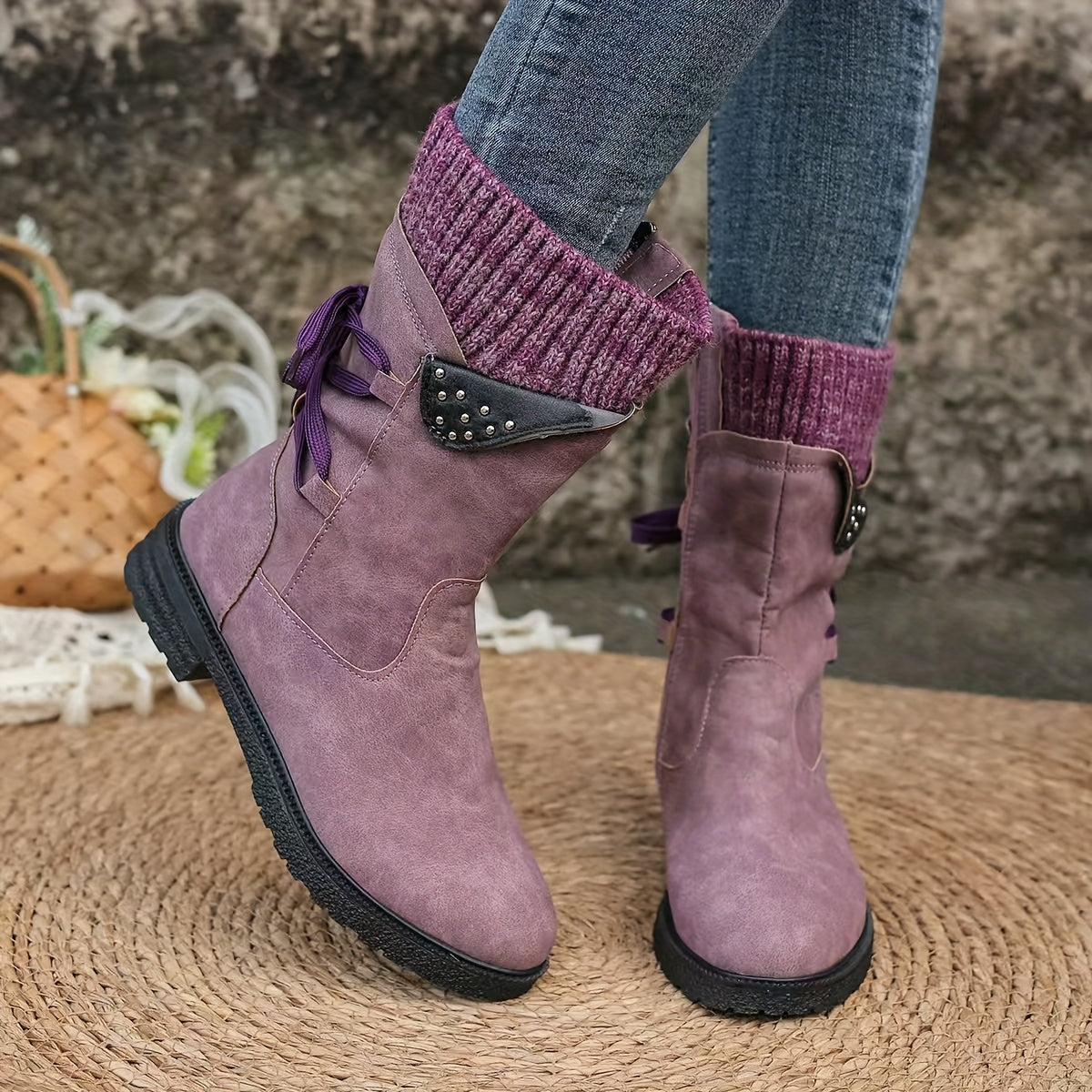 Women's Mid-Calf Boots with Knit Cuff Zippered Round Toe Block Heel