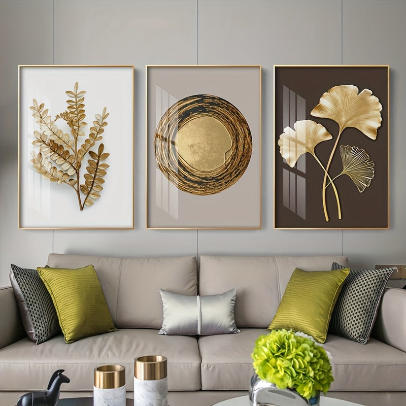 Set of 3 Modern Gold Leaf Wall Art Prints Frameless Ginkgo and Wheel Nordic Decor
