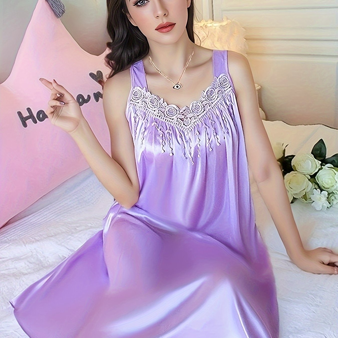 Plus Size Women's Spaghetti Strap Silk Sleep Dress Red Lounge Nightgown