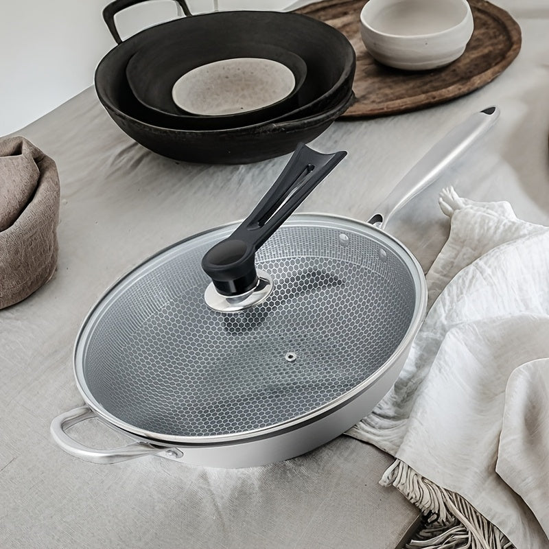 Sartén wok de acero inoxidable con tapa de vidrio, antiadherente, apta para inducción, gas, adecuada para huevos de pescado, filetes