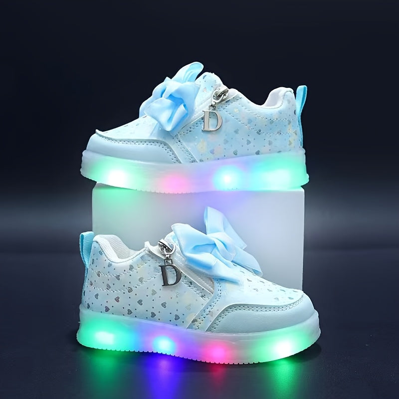 Girls' LED Fashion Sneakers with Heart Pattern and Bow, Low Top, All-Season