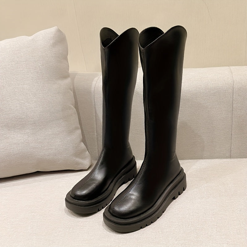 Women's Black Knee-High Mid-Heel Chunky Boots with Zipper