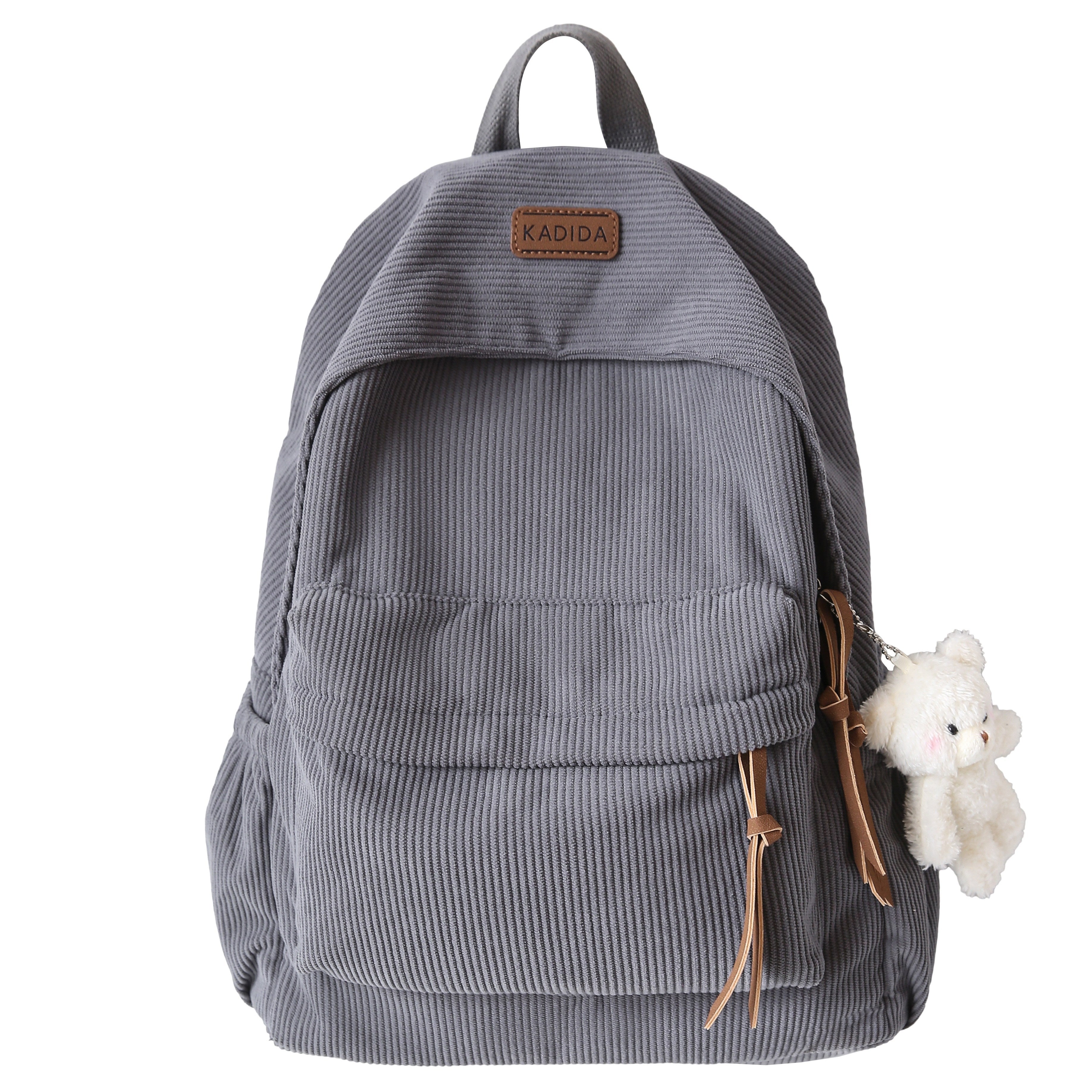 Women's Large Capacity Corduroy Backpack with Bear Pendant for School