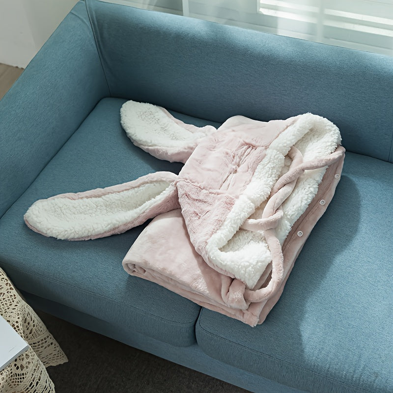 Rabbit Ears Blanket Hoodie Flannel Fleece Wearable Shawl for Sofa TV Office