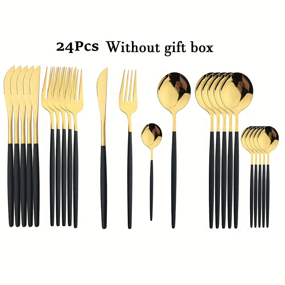 24-Piece Black Handle Gold Stainless Steel Cutlery Set for Kitchen Dining