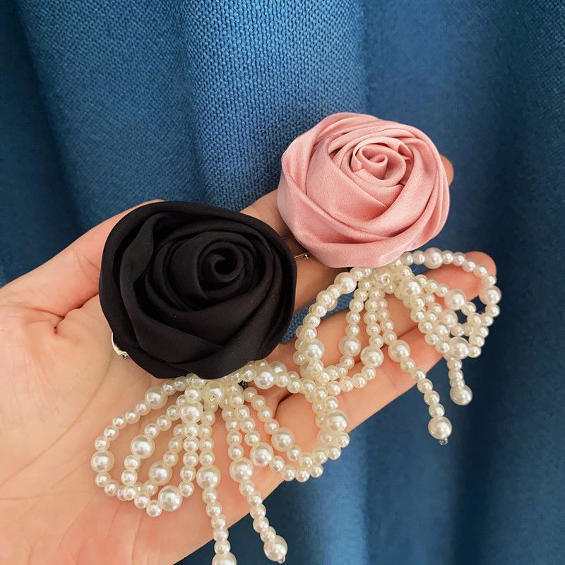 Satin Fabric Rose Brooch and Pearl Bow Hairpin Set for Women