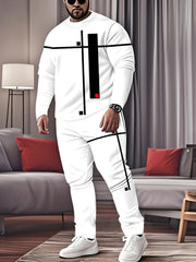 Men's Plus Size Sportswear Set with Geometric Print Crew Neck Long Sleeve T-Shirt and Pants Breathable Polyester Spandex Spring Fall