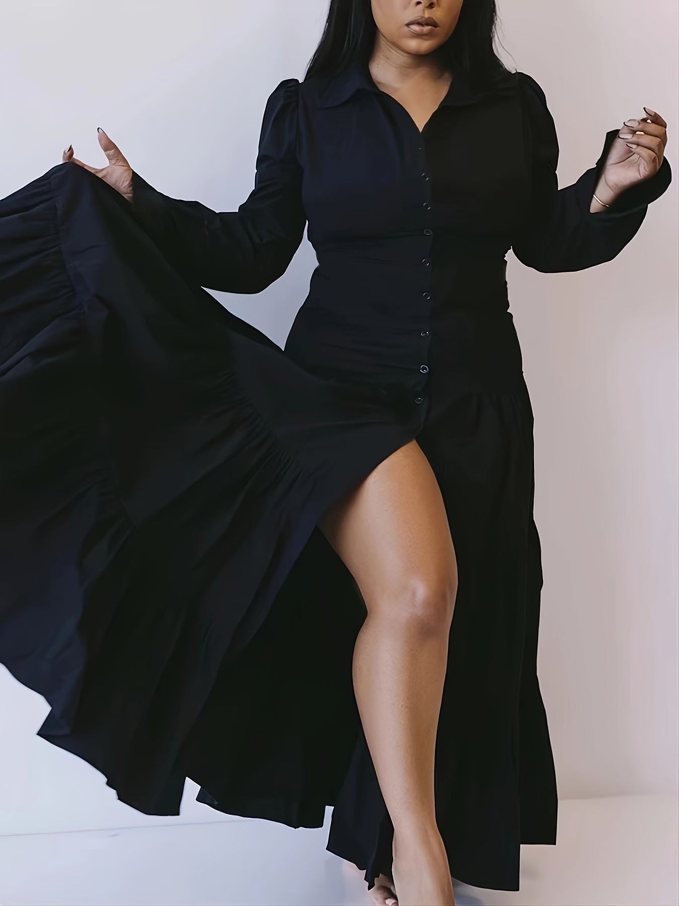 Платье с длинным рукавом и пеплумом для женщин, полиэстеровая смесь, однотонное, тканый воротник-отложной воротник