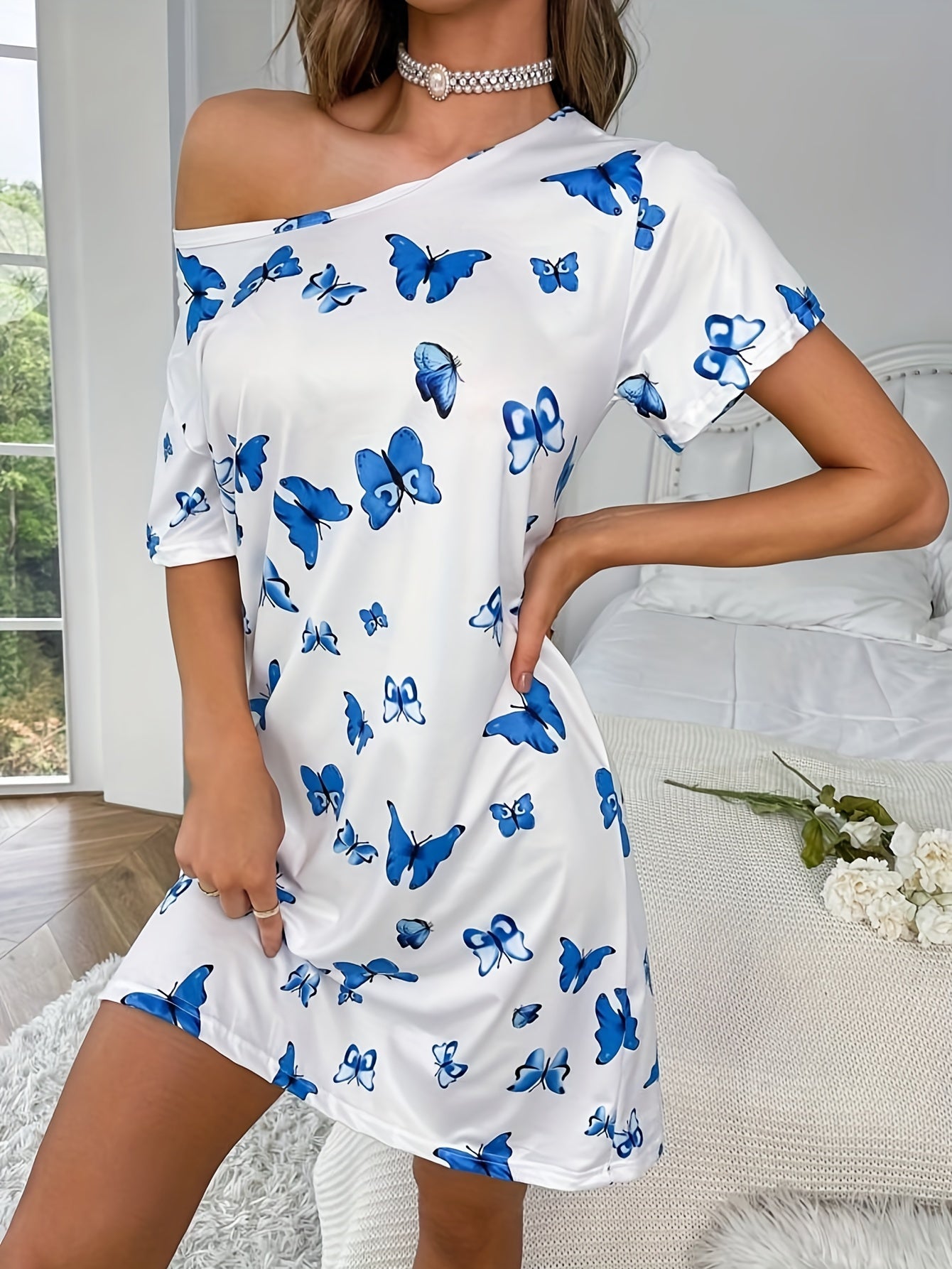 Women's Butterfly Print Pajama Dress Short Sleeve Nightwear Lounge Sleepwear