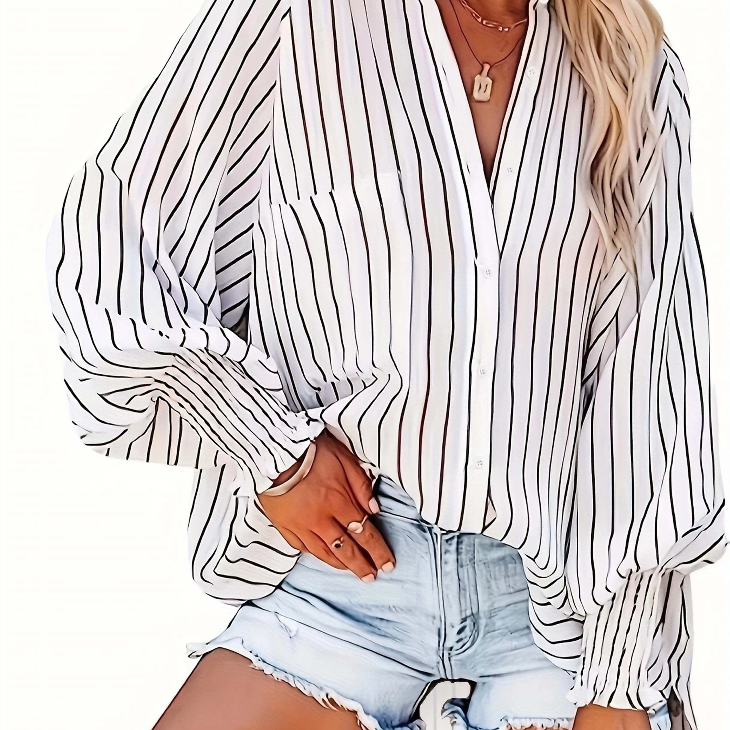Plus Size Women's Striped V-Neck Blouse in Red and White Lightweight Polyester for Spring Fall Casual