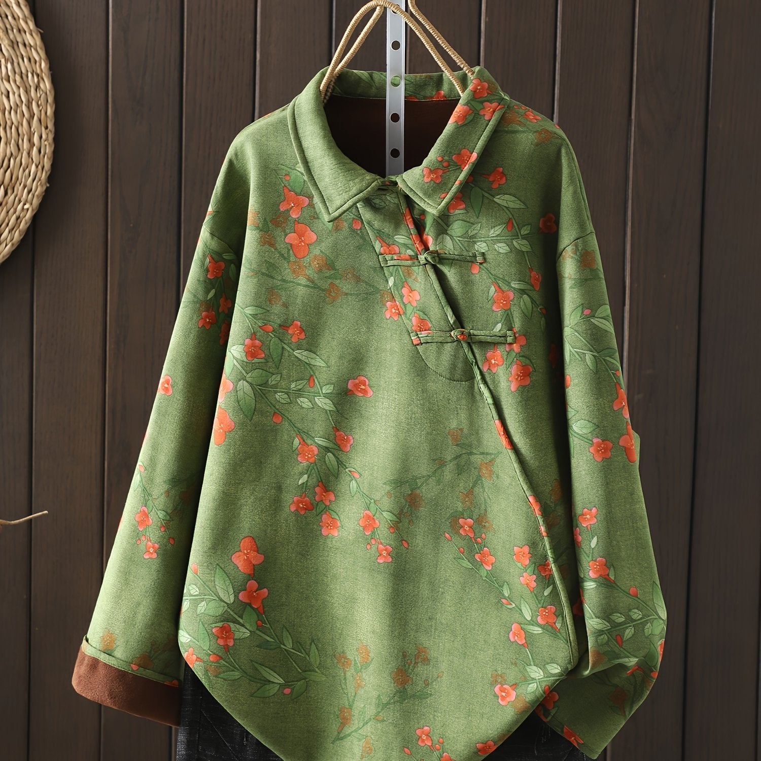 Plus Size Floral Print Woven Shirt with Stand-Up Collar and Chinese-Style Placket for Fall and Winter