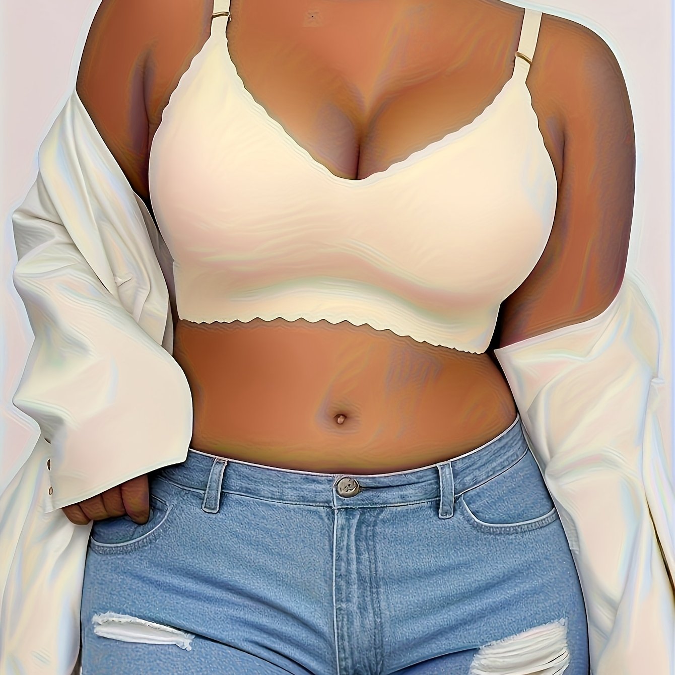 Women's Plus Size Seamless Wire-Free Bra with Wave Edge and Adjustable Straps