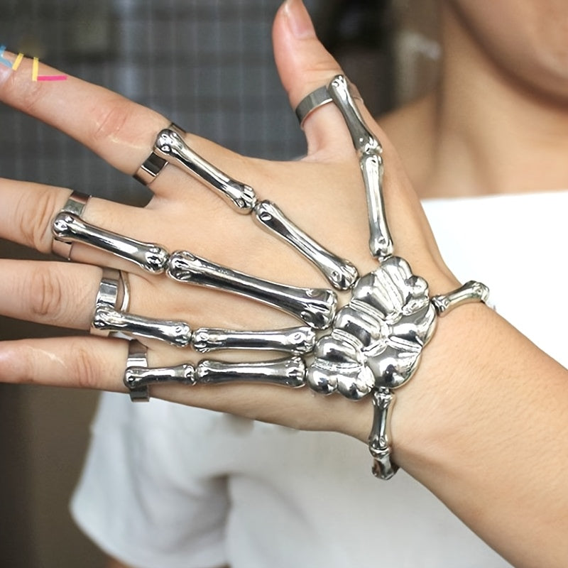 Bir dona zamonaviy punk qafas suyakli qo'l barmoqi moslashuvchan besh barmoqli cho'ziladigan uzuk bilaguzuk, zanjir bilan, gotik va punk uslublarini ifodalaydi.