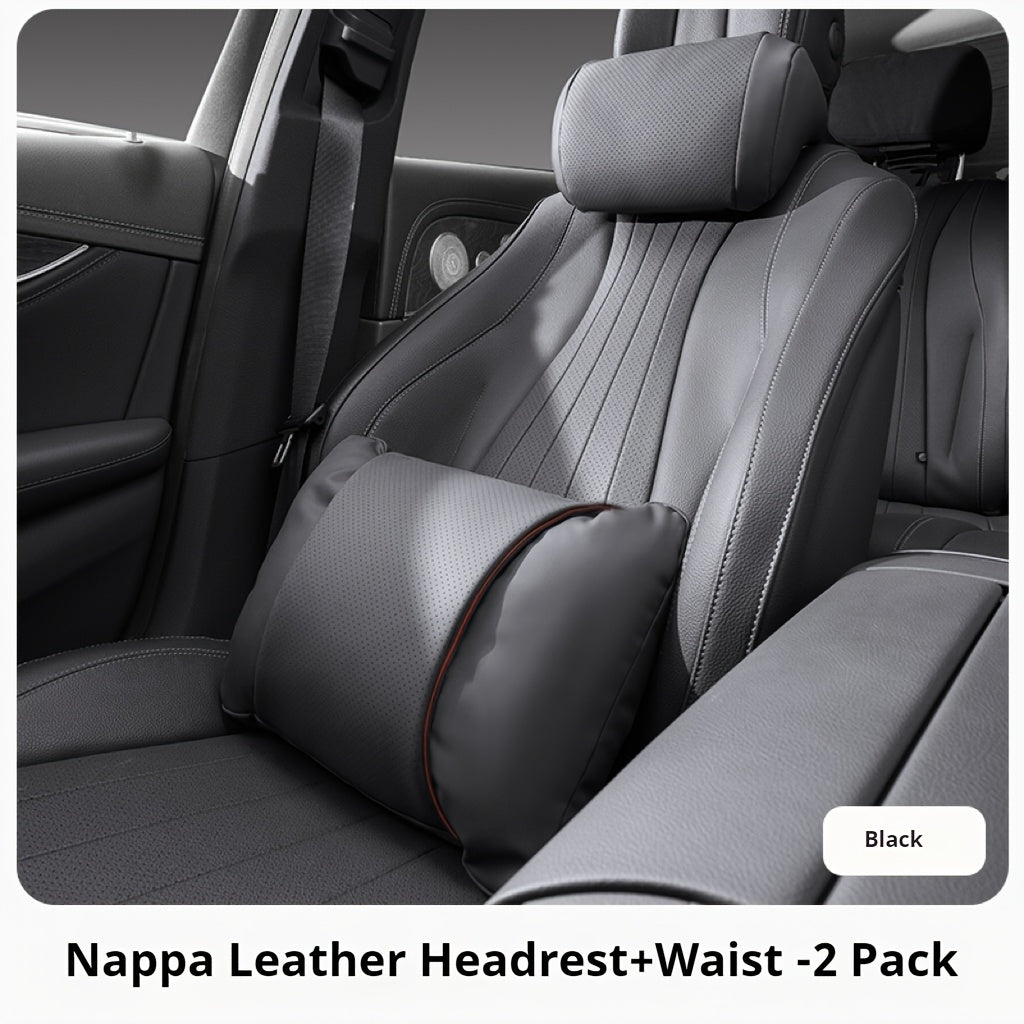 Luxury Car Seat Cushions Set for Headrest and Waist Support Nappa Leather