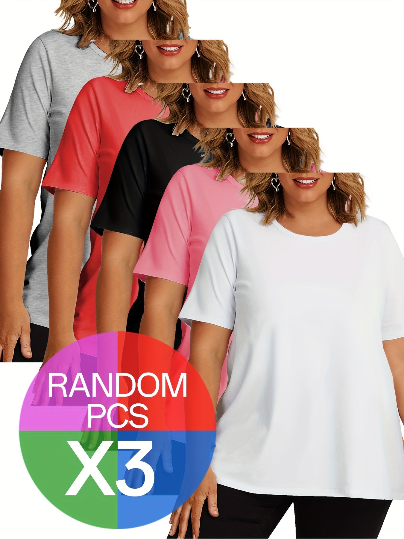 Women's Plus Size Casual Sport T-Shirts Pack, Breathable, Stretchy, Solid Colors