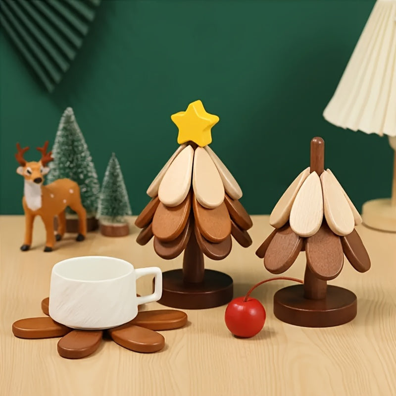 Set of 3 Wooden Christmas Tree Coasters for Hot Dishes and Drinks