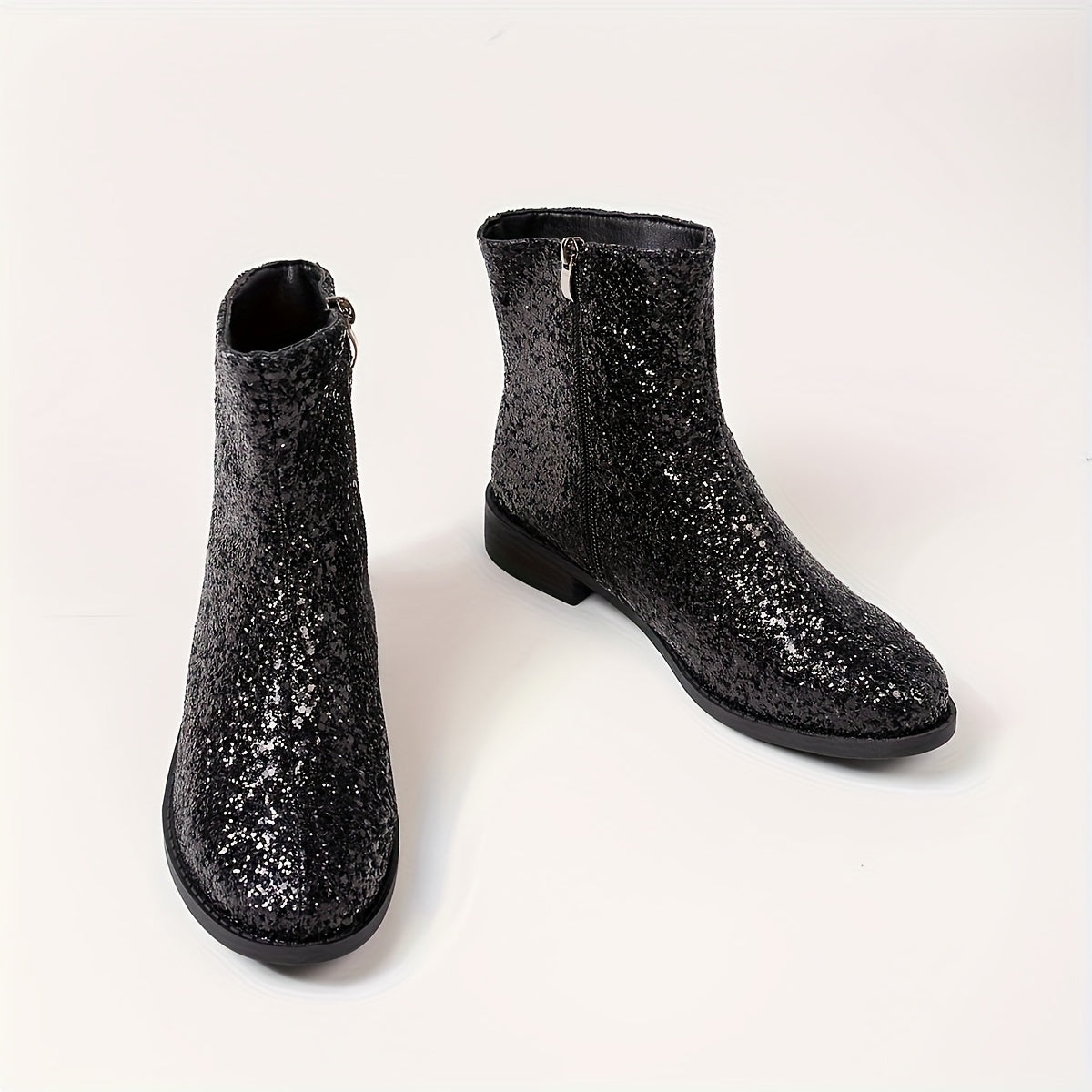 Women's Plus Size Short Sequin-Decorated Chelsea Boots with Zipper and Chunky Heel