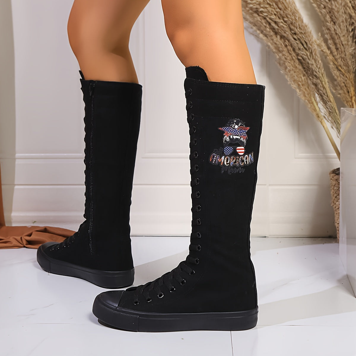 Women's Knee-High Boots Leather Flat Heel American Flag Motorcycle Print