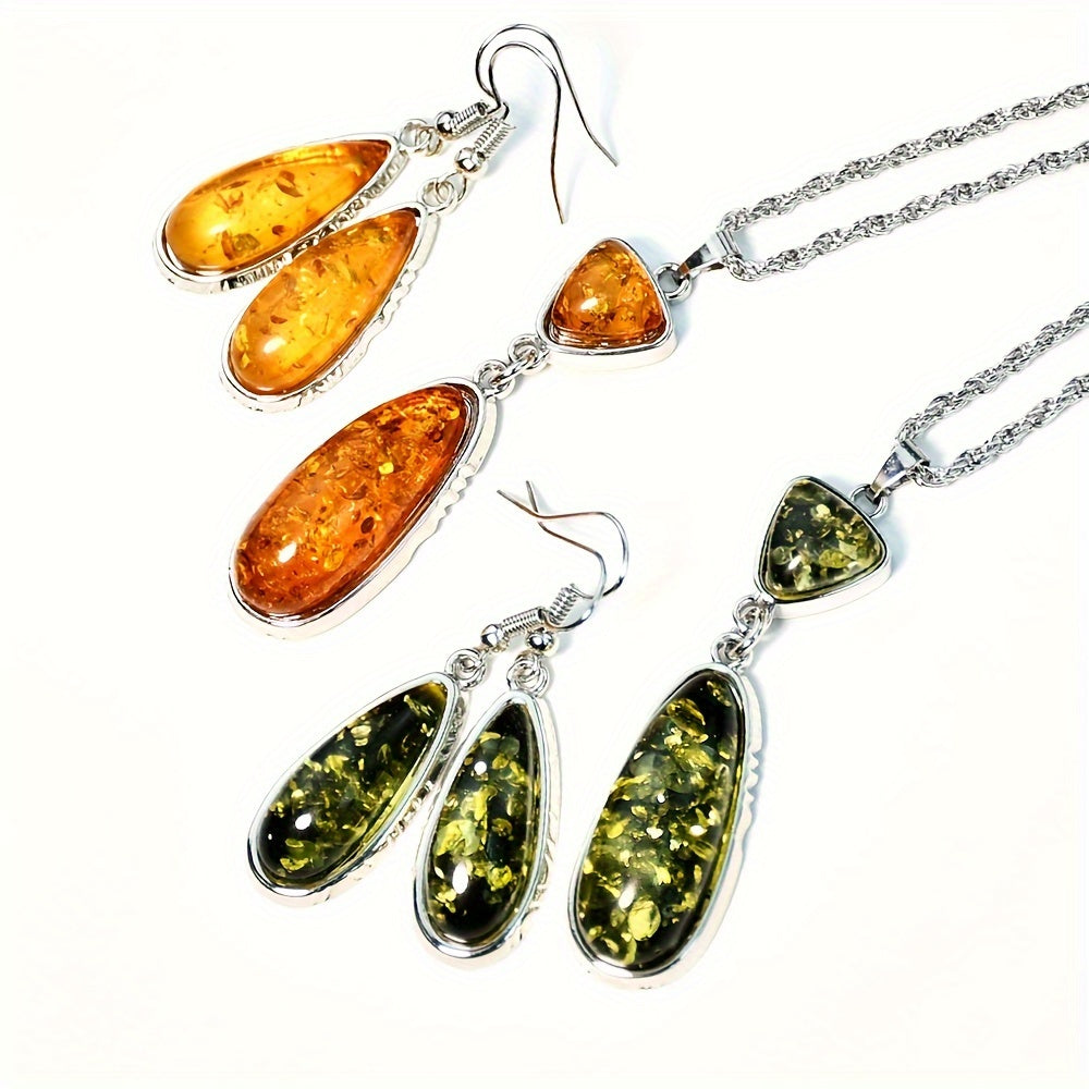 Vintage Amber Teardrop Pendant Necklace and Earrings Set for Women with Natural Stone and Geometric Chain