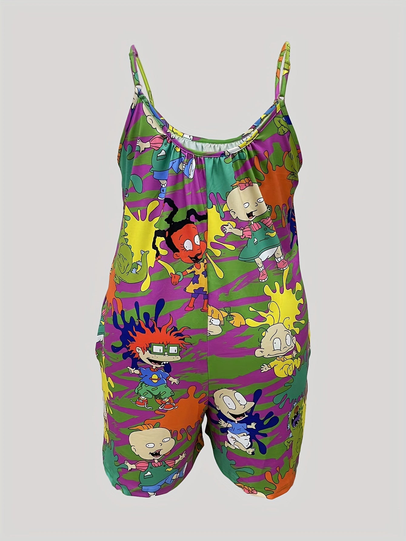 Plus Size Cartoon Print Slip Romper Casual Sleeveless Pockets Women