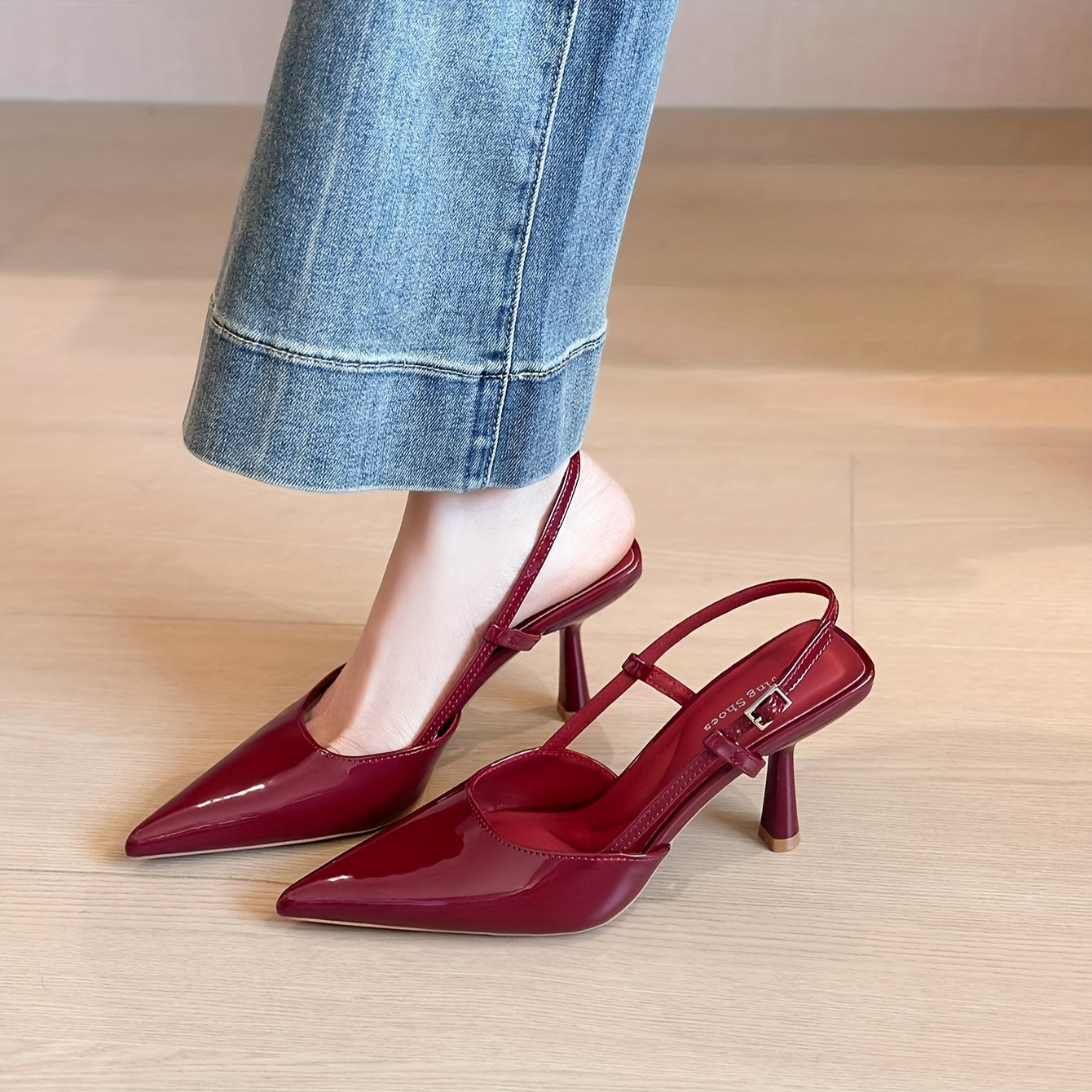 Women's Pointed Toe Stiletto Heels in Red Glossy PU for Formal and Party Wear
