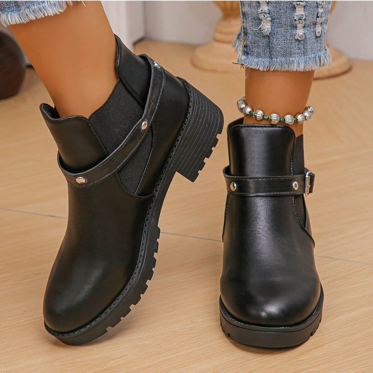 Women's Black Faux Leather Ankle Boots With Chunky Heel