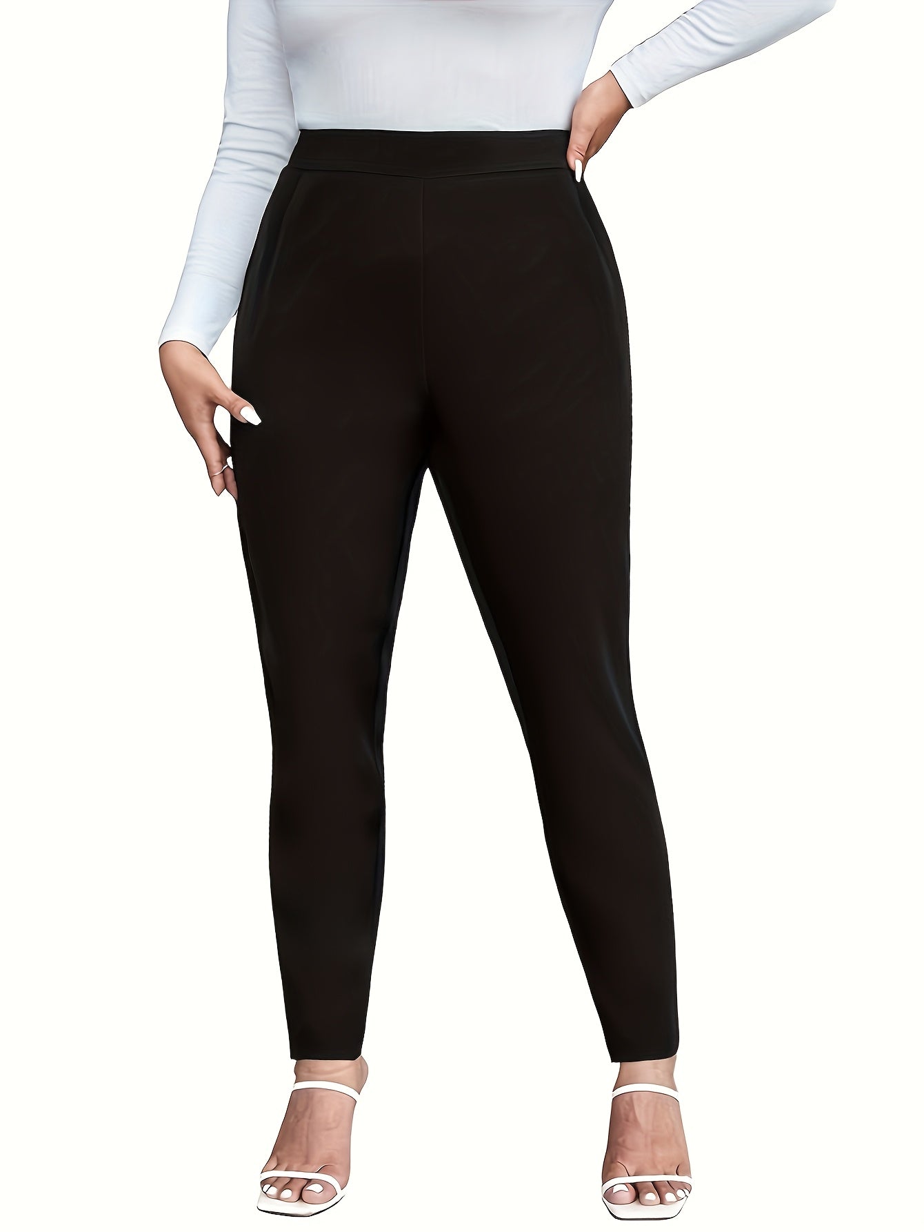 Plus Size Women's High-Waisted Straight-Leg Pants Black Stretchy Casual Formal