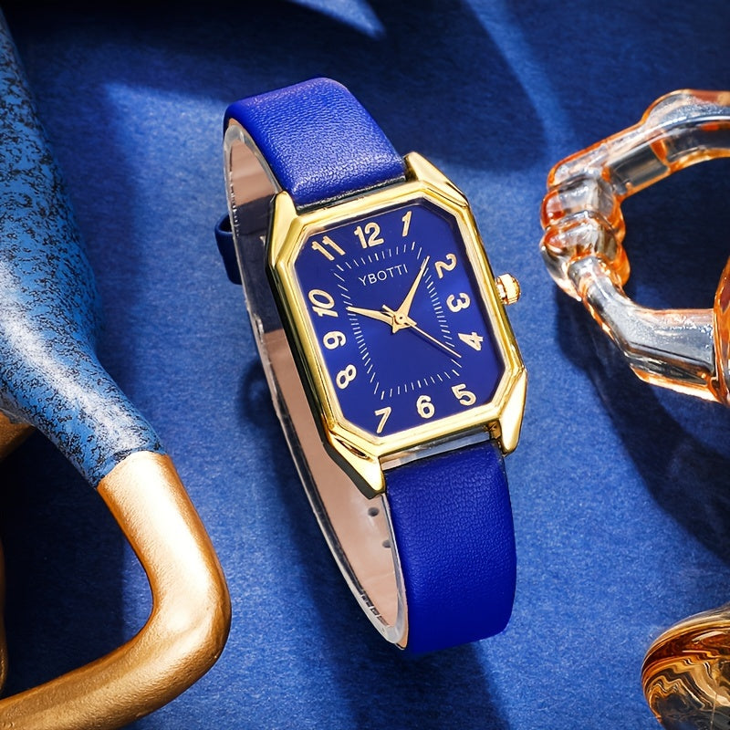 Set of 5 Women's Retro Rectangle Quartz Watches with Leather Bands and Jewelry Gift