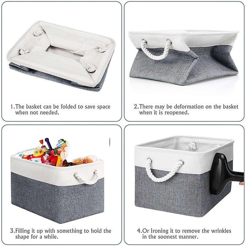Gray and White Linen Storage Basket with Rope Handles for Closet and Nursery Organization