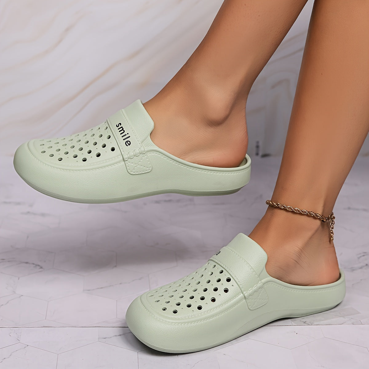 Women's Black EVA Mules with Smile Print Flat Casual Footwear