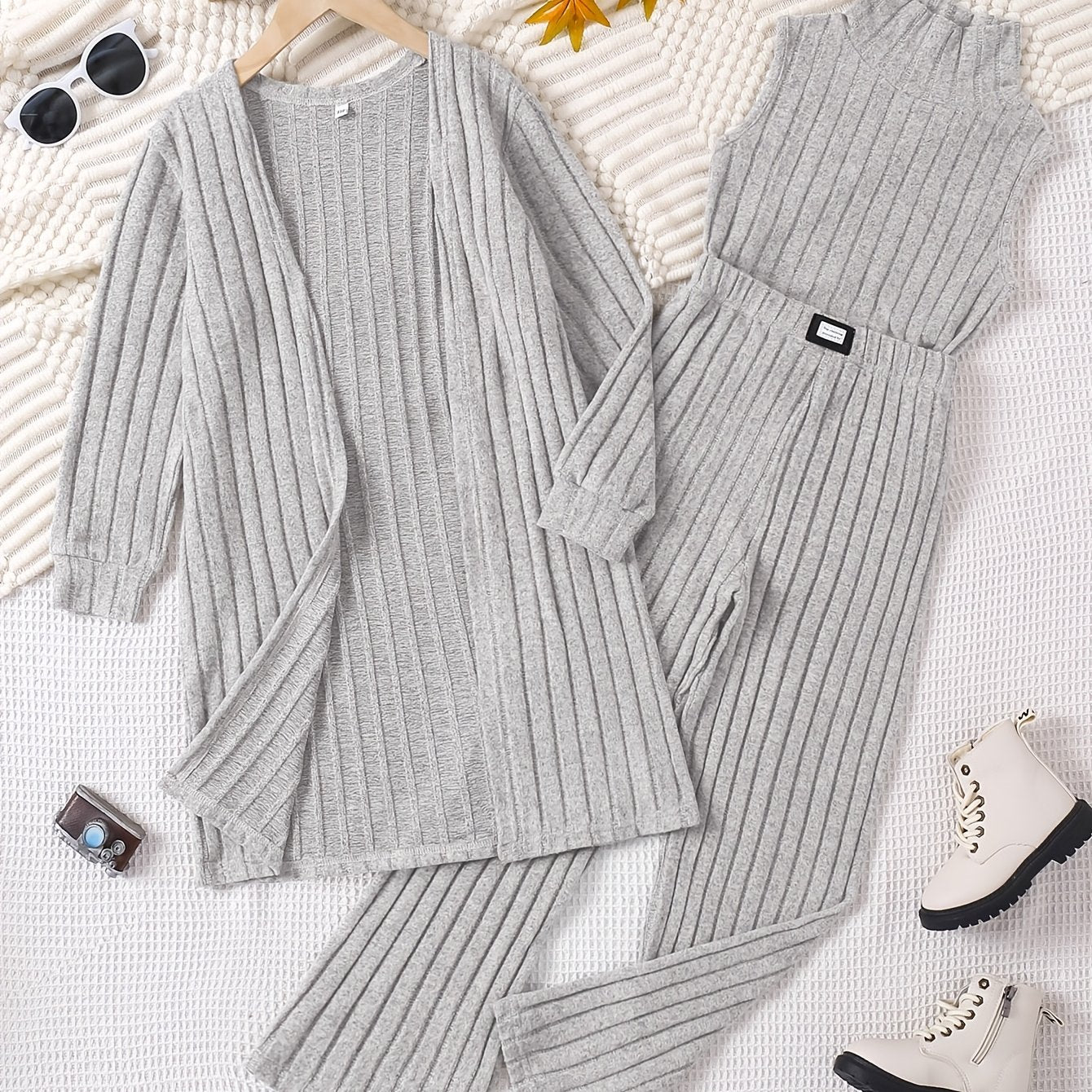 Девочкиный вязаный кардиган с длинными рукавами, топ и штаны для весны и осени, повседневный уличный стиль