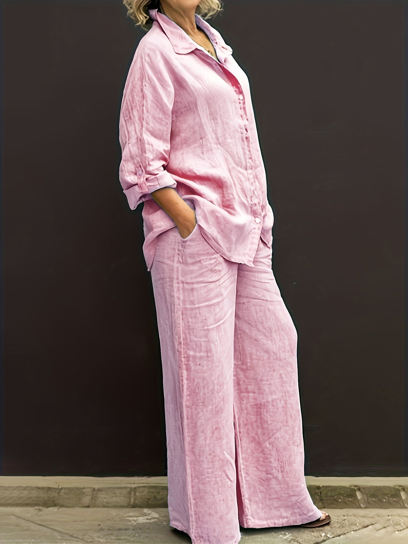 Conjunto de dos piezas de color sólido de rayón para mujer con top de manga larga y pantalones para uso casual y de fiesta