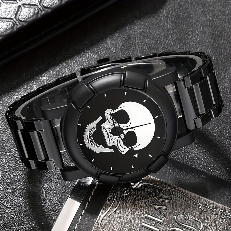 Men's Quartz Wristwatch and Bracelet Set with Skull Dial and Leather Band