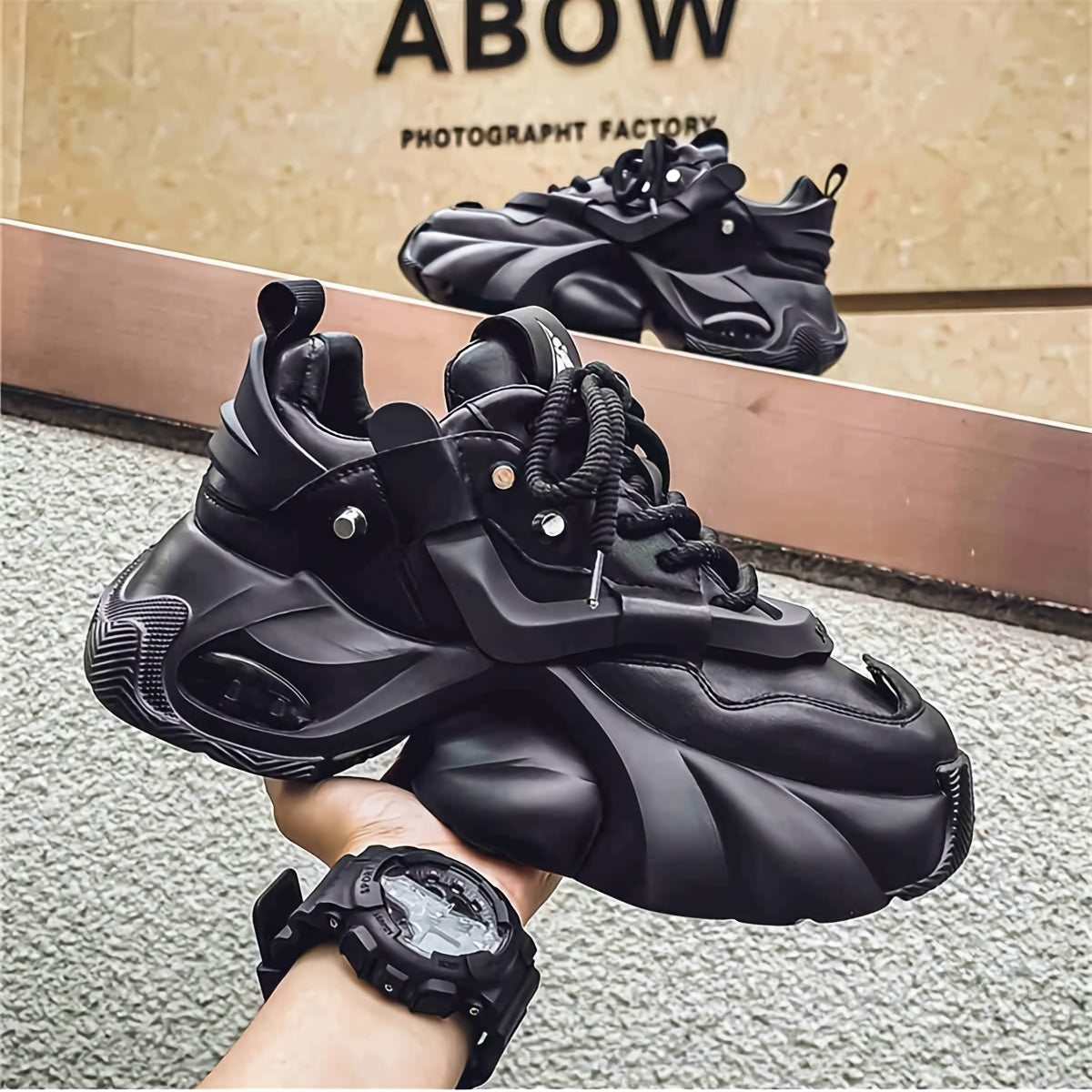 Men's Black Chunky Sneakers with Braided Laces Rubber Sole EVA Insole Casual Athletic