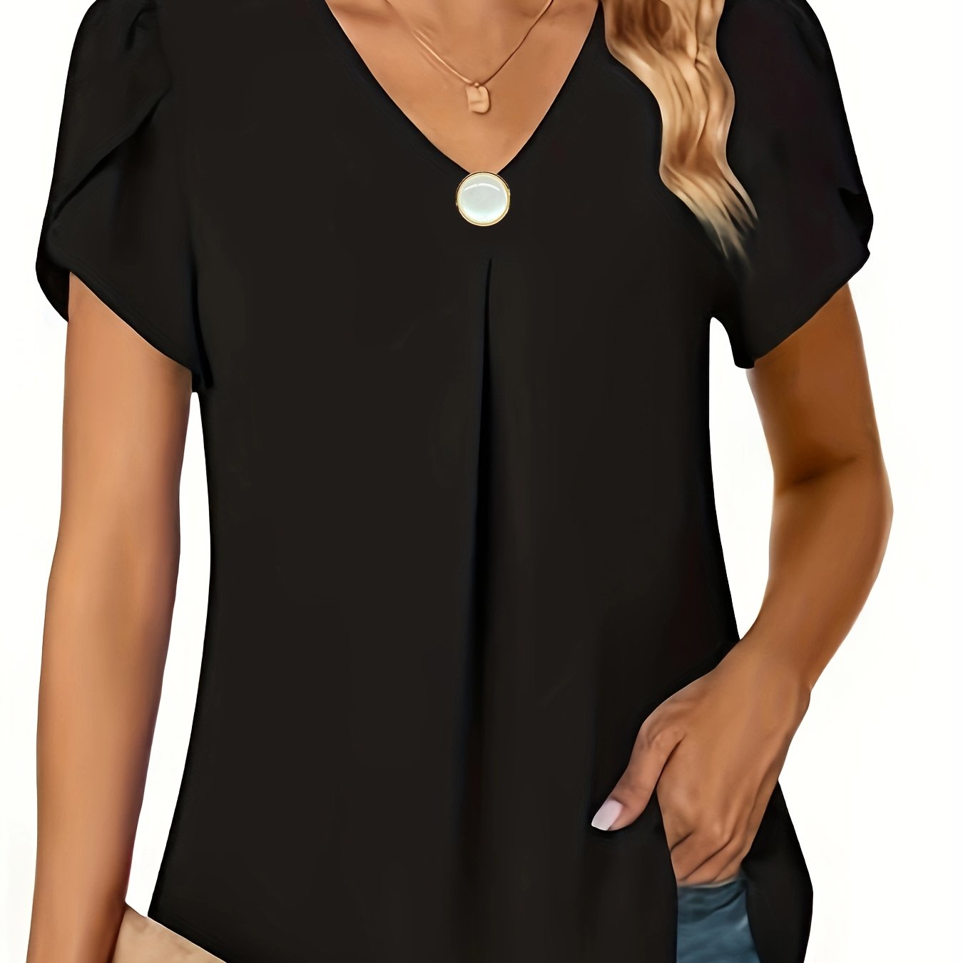 Women's Chiffon V-Neck Blouse with Ruffles Short Sleeves Elastic Waist Solid Color