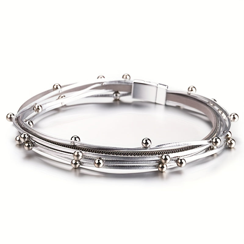 Multi-Layer Faux Leather Bracelet for Men Women Double Wrap Rhinestones Gift