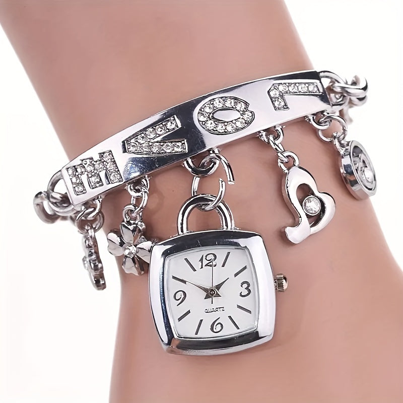 Women's Casual Tonneau Dress Watch with Love Alphabet and Flower Decor Alloy Quartz