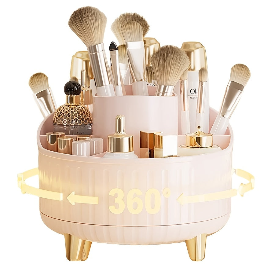 Pink and Gold Rotating Makeup Organizer with Multiple Compartments and Brush Holder