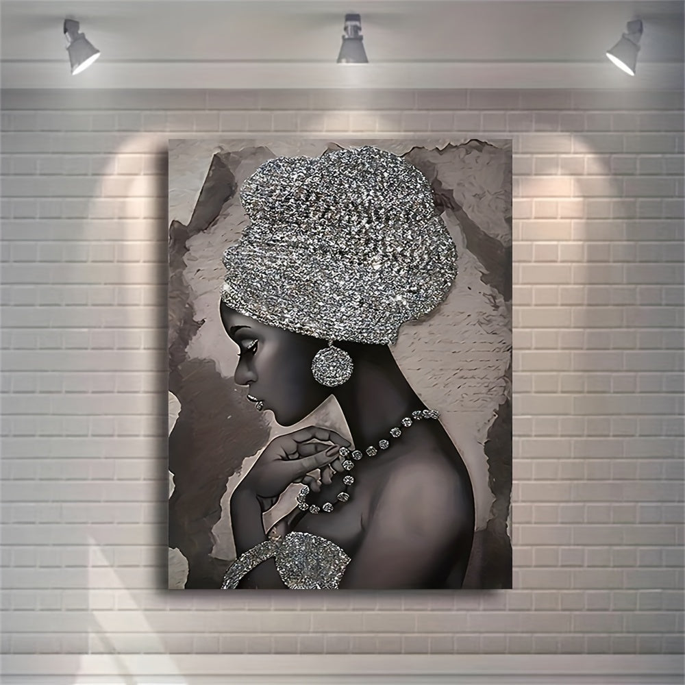 Abstract Canvas Wall Art Featuring Silvery Glitter Embroidered African Woman 40x60cm or 50x75cm