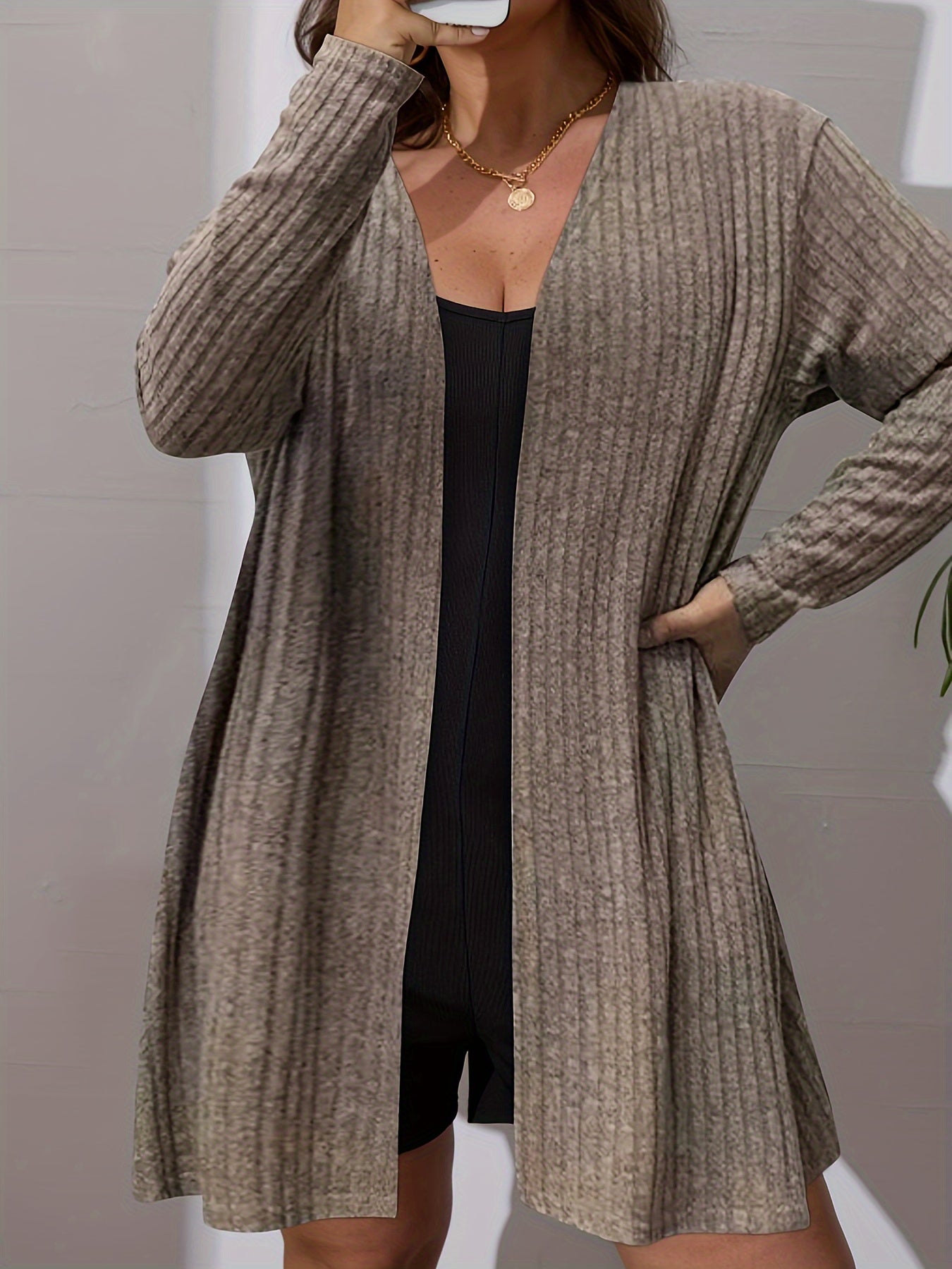 Plus Size Women's Knit Cardigan Long Sleeve Open Front Black Casual Coat