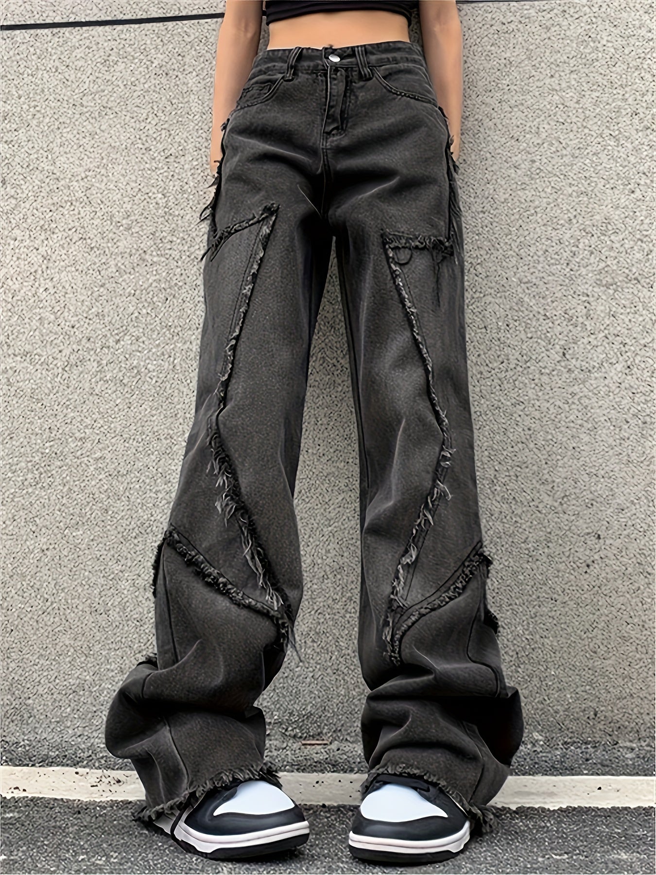 Men's Black Frayed Hem Wide-Leg Jeans 80% Cotton Relaxed Fit Casual Pants