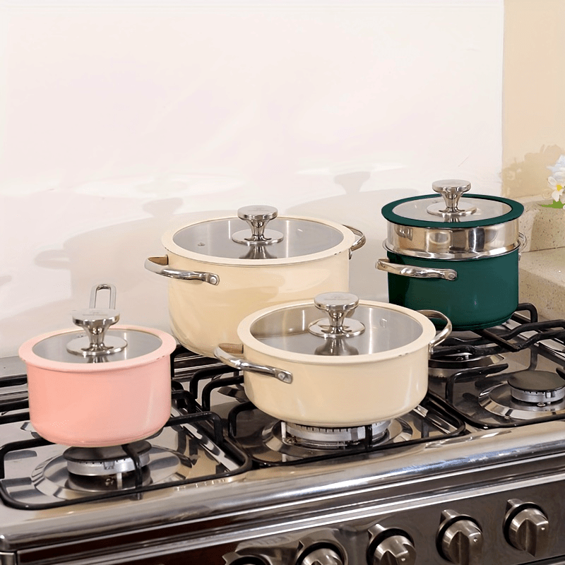 Stainless Steel Cookware Set with Sauce Pan Soup Pot Casserole and Steamer in Beige White Pink Green