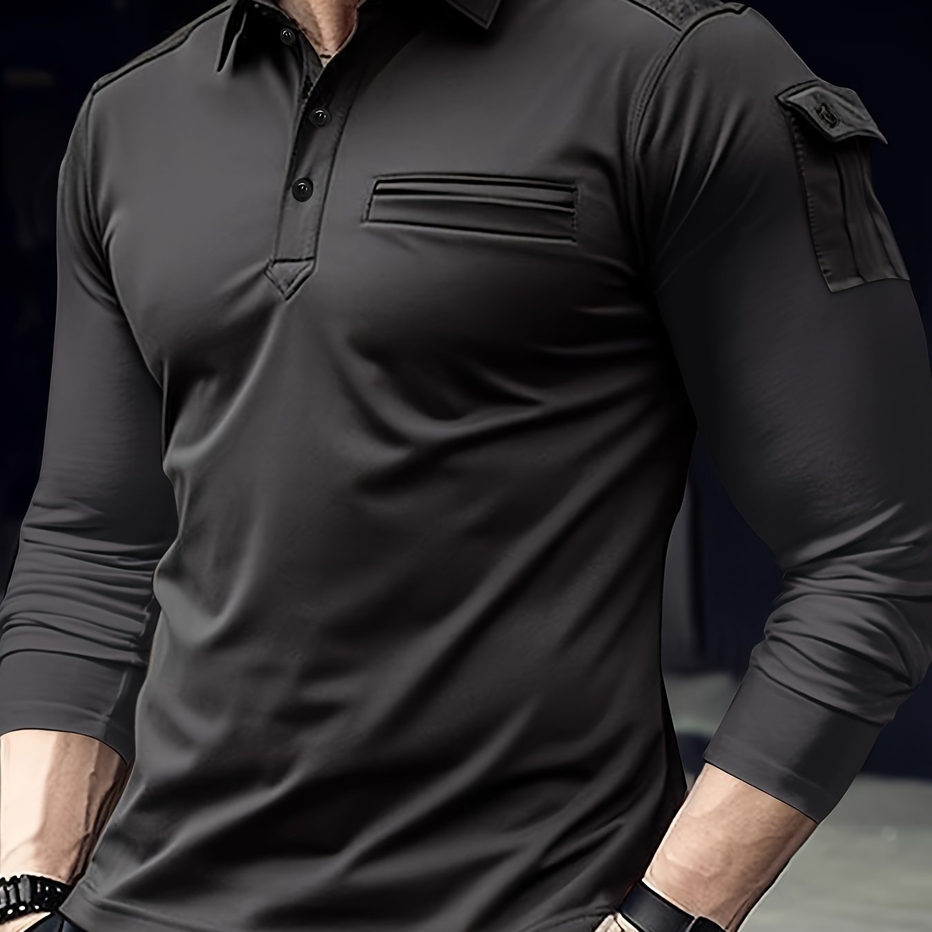 Camisa casual de hombre de manga larga de poliéster con bolsillos en los brazos, parches en los hombros, para otoño e invierno